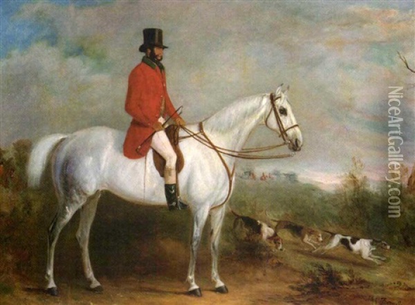 A Gentleman On A Grey Hunter With Hounds In A Landscape, A Hunt Gone Away Beyond Oil Painting - John Ferneley Jr.