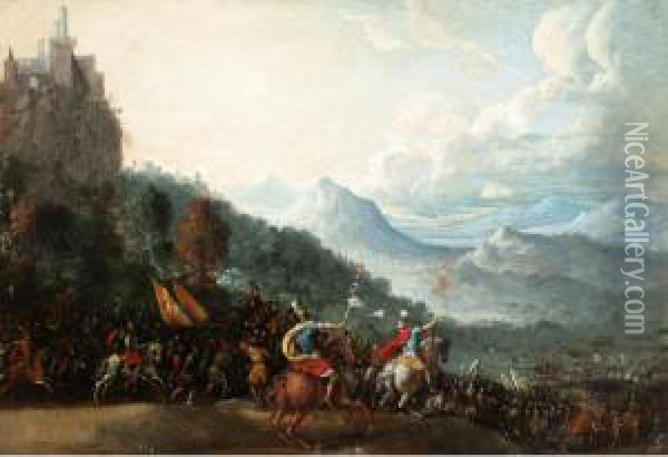 Extensive Mountainous Landscape Witha Roman Army Marching Into Battle Oil Painting - Filippo D Angeli