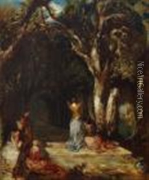 Gathering On The Steps Oil Painting - Alfred Joseph Woolmer