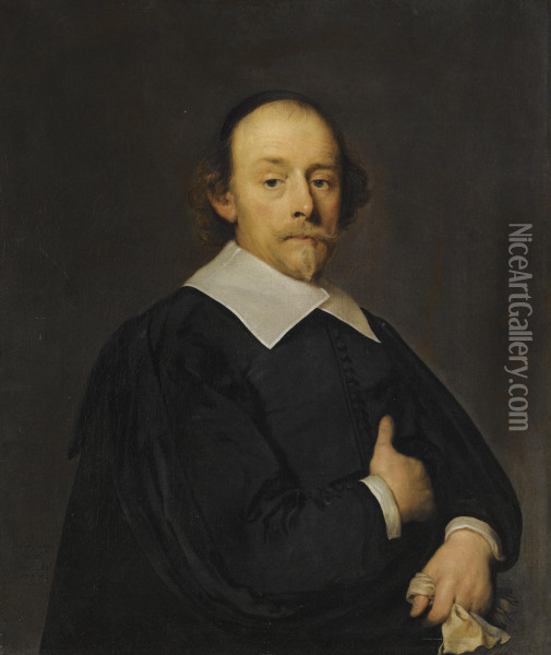 A Portrait Of A Man In Black, Half Length, Holding A Pair Of Gloves Oil Painting - Cornelius Janssens Van Ceulen