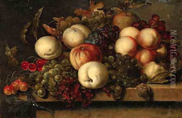 Grapes, peaches, redcurrants, cherries, an apple and a dragonfly on a ledge Oil Painting - Bartholomeus Assteyn