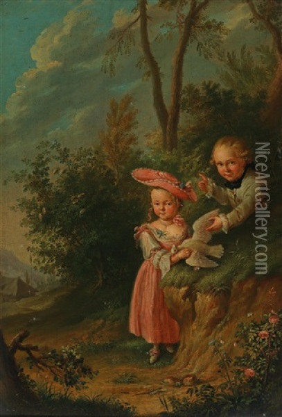 A Boy And A Girl With A White Dove Oil Painting - Johann Conrad Seekatz