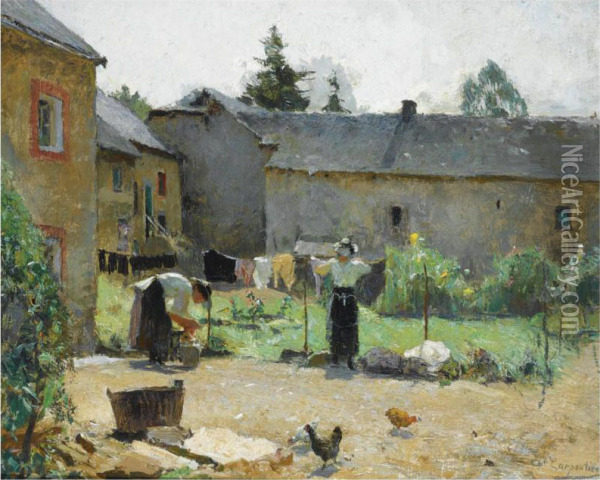 Women Hanging The Laundry Out To Dry In A Courtyard Oil Painting - Evariste Carpentier