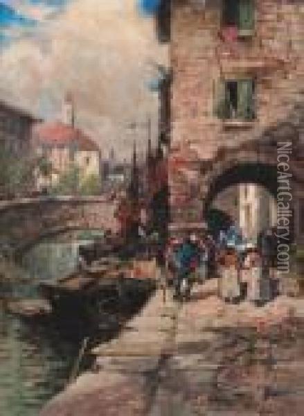 Figures On A Quay Oil Painting - Bartram, Fred. John Hiles
