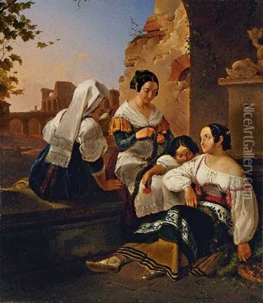 Italienische Madchen Beim Binden Von Blumengirlanden Oil Painting - Georg (Christian Joh. G.) Perlberg