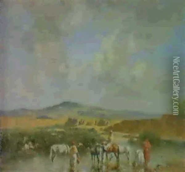 Chevaux Arabes S'abreuvant Dans L'oued Oil Painting - Victor Pierre Huguet