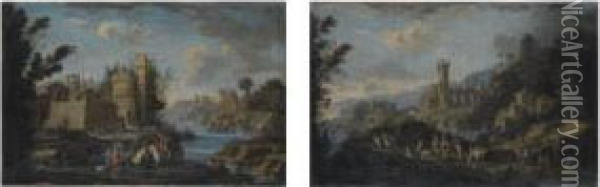 Paesaggio Lacustre Con Cavalieri
 Nei Pressi Di Un Borgo Turrito; E Paesaggio Lacustre Con Viandanti Oil Painting - Gherardo Poli
