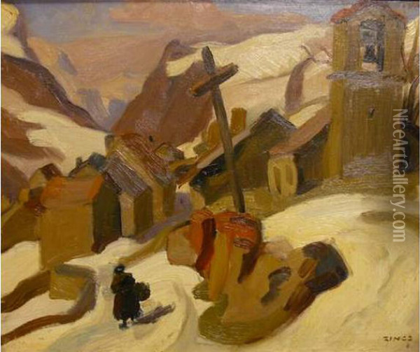 Village De Montagne Sous La Neige Oil Painting - Jules Emile Zingg
