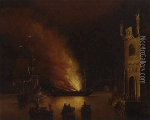 A Ship On Fire In A Harbour By Night Oil Painting - Francois de Nome
