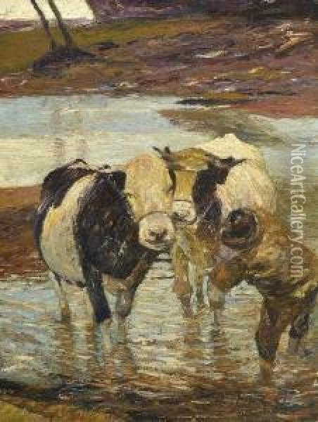 Huter Mit Zwei Rindern Im
 Wasser. Oil Painting - Heinrich Johann Von Zugel