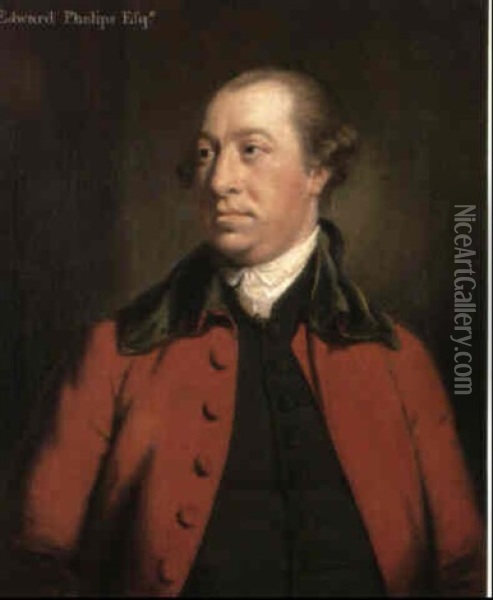 Portrait Of Edward Phelips Half Length Wearing A Red Coat   With Green Velvet Collar And Green Waistcoat Oil Painting - Francis Cotes