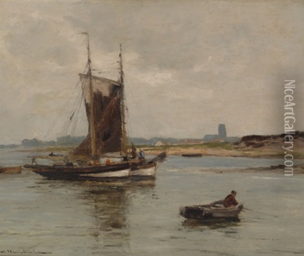 Boats On A River Oil Painting - Wilhelm Hambuechen