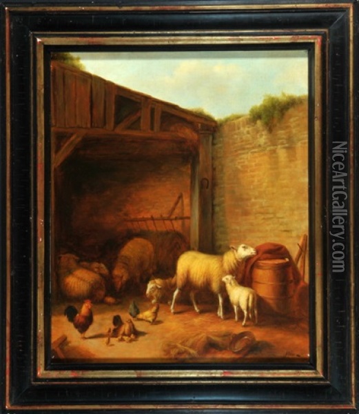 Schafe Und Huhner Im Stall Oil Painting - Louis Robbe