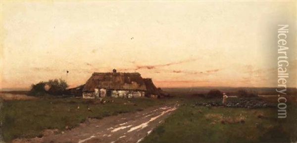 Strohgedecktes Bauerngehoft Mit Gansemagd In Weiter Abendlandschaft Oil Painting - Louis (Ludwig) Neubert