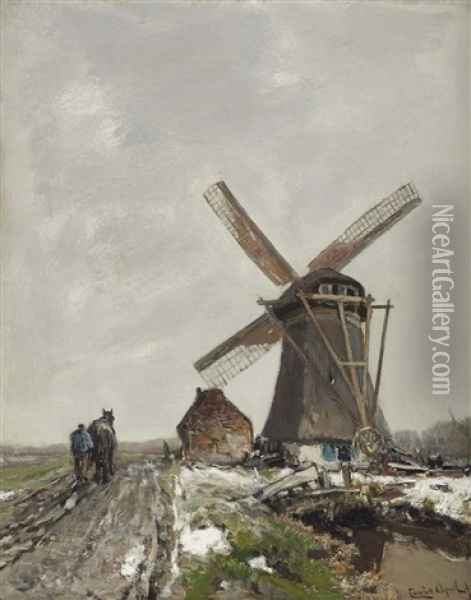 A Snowy Polder Landscape With A Windmill Oil Painting - Louis Apol