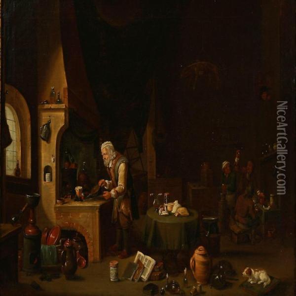 In An Alchemist Workshop Oil Painting - David The Younger Teniers