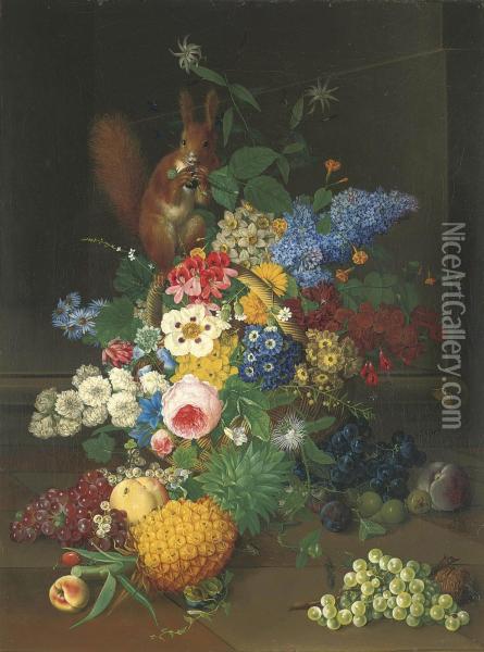 A Red Squirrel On A Basket With Roses, Narcissae And Other Flowers, Blackberries, A Pineapple, Grapes, Gooseberries, Plums, Greengages, A Peach, A Cherry And A Walnut On A Stone Floor. Oil Painting - Joseph Knapp