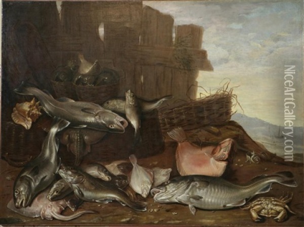 Natura Morta Di Pesci Presso Una Staccionata Oil Painting - Willem Ormea