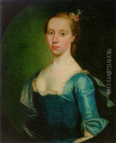 Portrait Of Anne Evans Vowell, Nee Hamilton, In A Blue Dress With A Lace Collar And Blue Wrap Oil Painting - William Hoare