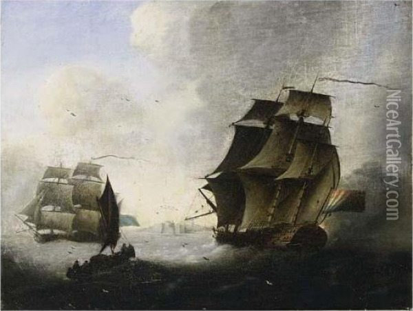 A Dutch Frigate And A Sailing Boat On Stormy Seas Oil Painting - Thomas Whitcombe