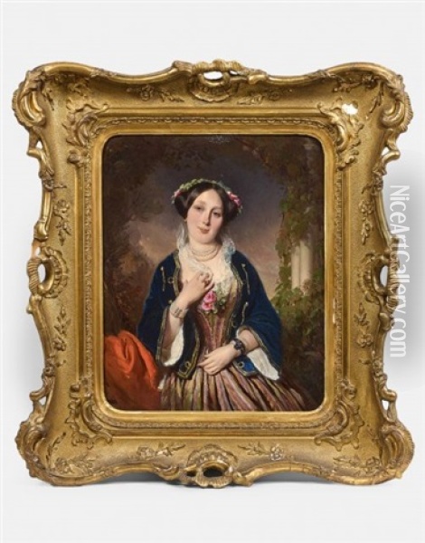 Portrait De Femme A La Robe Rose Et A La Veste Bleue, Madame Helene Mar (?) Oil Painting - Henry Guillaume Schlesinger