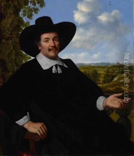 Portrait Of A Gentleman, Probably Hendrick Zegersz Van Der Kamp, Seated Before A Balustrade, A Landscape With Country House And A Distant View Of Haarlem Beyond Oil Painting - Bartholomeus Van Der Helst