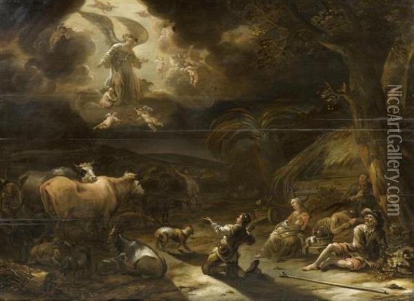 The Birth Ofchrist With Angels Appearing To The Shepherds Oil Painting - Cornelis de Bie