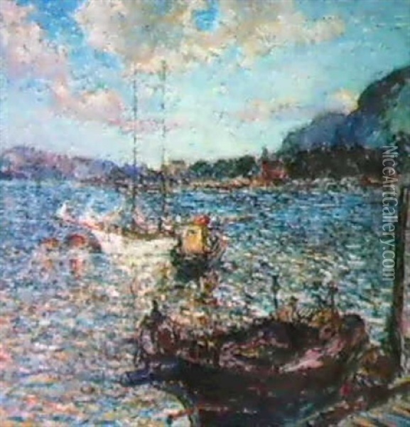 Boats In Harbor Oil Painting - Reynolds Beal