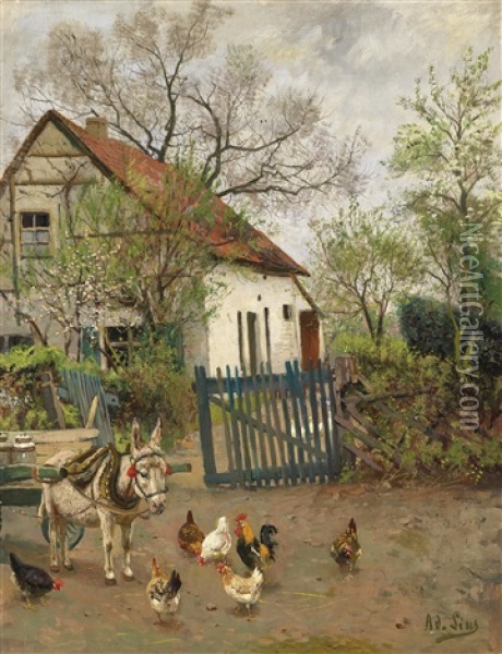 Landliche Idylle Mit Esel Und Federvieh Oil Painting - Adolf Lins