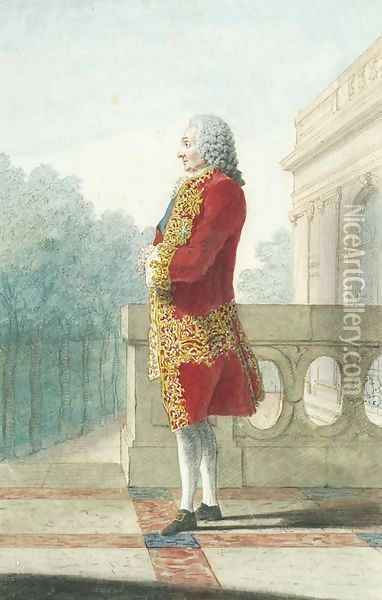 Le Brave Chevert standing in profile to the left on a Terrace at Villers-Coteret Oil Painting - Louis Carrogis Carmontelle