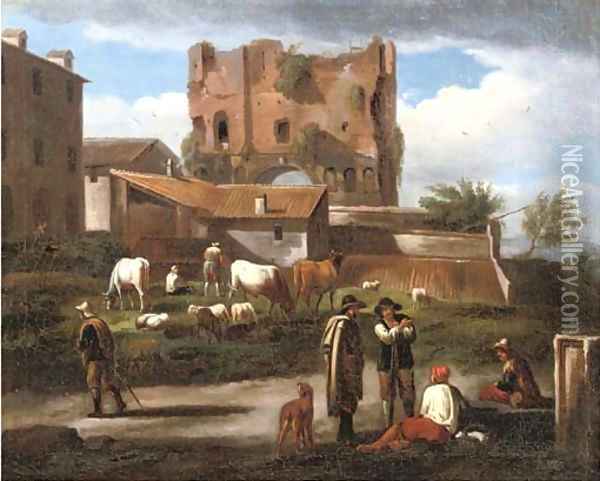 Figures conversing along a path with cattle grazing, the triumphal Arch of Janus Quadrifrons, Rome, in the background Oil Painting - Norbert van Bloemen