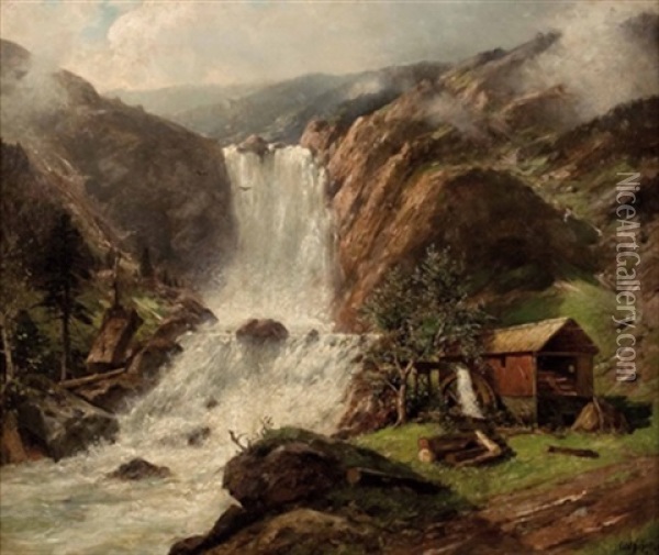 Sagewerkhutte Am Gebirgswasserfall Oil Painting - Karl Schultze