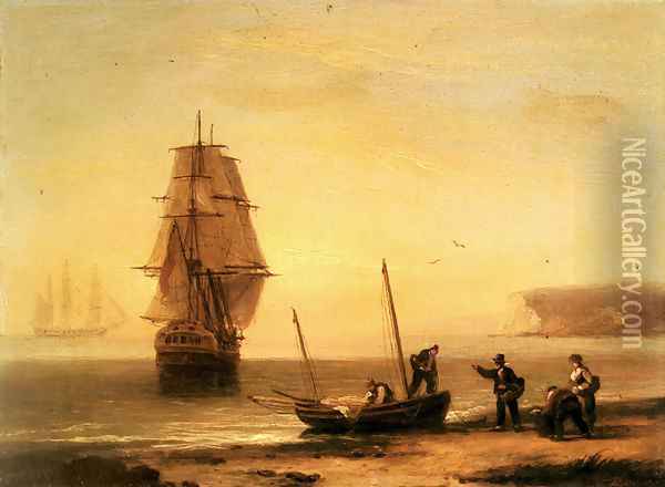 Fishermen unloading the catch with a merchant ship in calm water off Brymer Bay, Devon Oil Painting - Thomas Luny