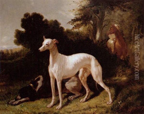 A Whippet, A Hound And A Huntsman In A Landscape Oil Painting - Alfred De Dreux