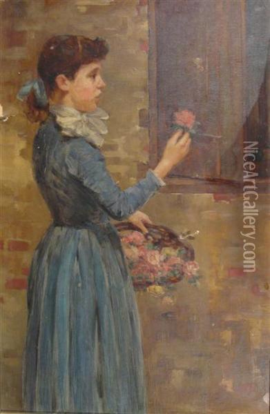 Woman With Basket Of Flowers Oil Painting - Hugo Breul