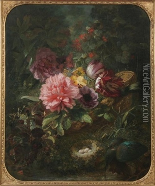 Still Life With Flowers, Bird Eggs, And Blackberries Oil Painting - Suzanne-Estelle Beranger-Apoil