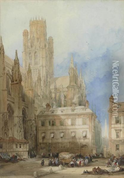 A Street In Rouen, The Church Of St Ouen Oil Painting - David Roberts