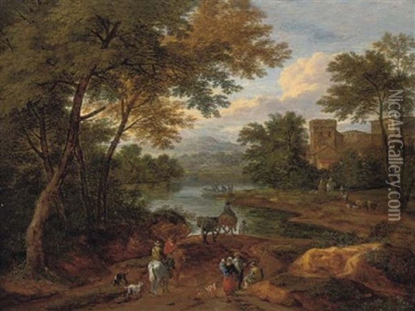 A Wooded River Landscape With Travellers On A Track, A House Beyond (in Collab. W/adriaen Franz Boudewyns) Oil Painting - Pieter Bout