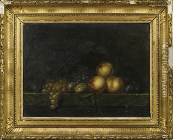 Nature Morte Aux Peches, Prunes, Raisins Et Figues Sur Unentablement De Marbre Oil Painting - Paul Liegeois