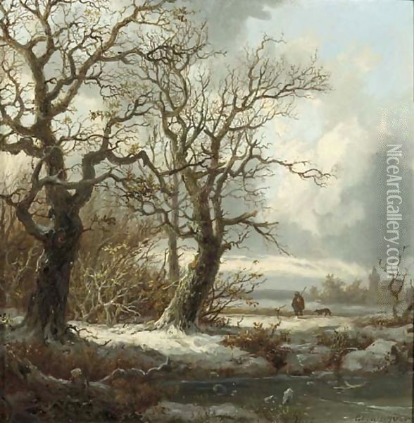 A winterlandscape with a traveller on a path Oil Painting - Pieter Lodewijk Francisco Kluyver