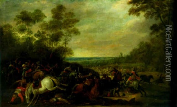 A Cavalry Battle Oil Painting - Adam Frans van der Meulen