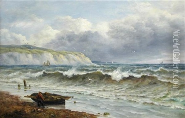 A Fisherman Contemplating A Stormy Sea Oil Painting - John Moore Of Ipswich