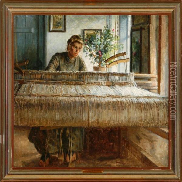 Anna At The Loom Oil Painting - Johannes Martin Fastings Wilhjelm