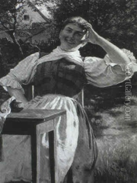 Immer Fleissig (ein Junges, Lachendes Dirndl Sitzt Bei      Naharbeiten Im Garten...) Oil Painting - Emil Rau