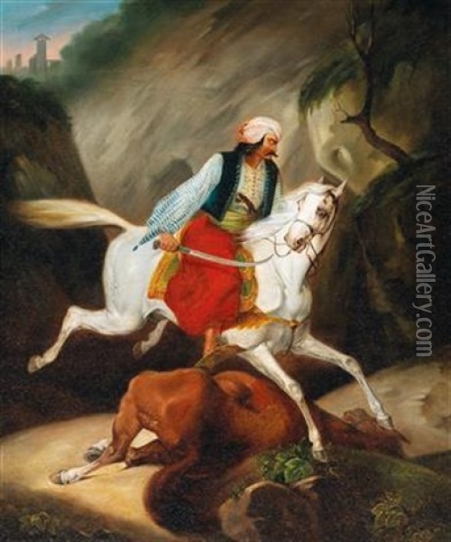 Oriental Warrior On Horseback Oil Painting - Emile Jean Horace Vernet