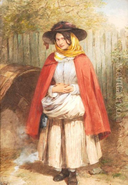 Portrait Of A Girlby A Wooden Fence Oil Painting - Octavius Oakley
