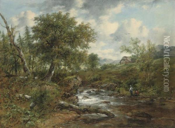A Wooded River Landscape With Fishermen And Sheep On The Banks, A Cottage Beyond Oil Painting - Frederick Waters Watts