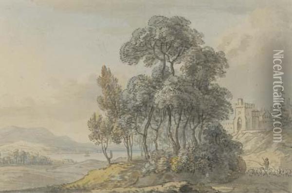 A Shepherd Driving His Flock Before A Scottish Castle Oil Painting - Paul Sandby