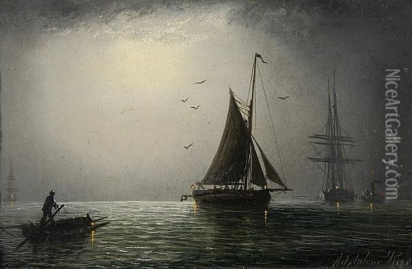 Sailing Ship At Moonlight Oil Painting - Adolphus Knell