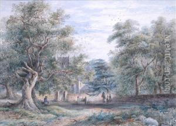 Thevillage Stocks, A Wooded Summer Landscape With Figures And Churchbeyond Oil Painting - George Robert Vawser